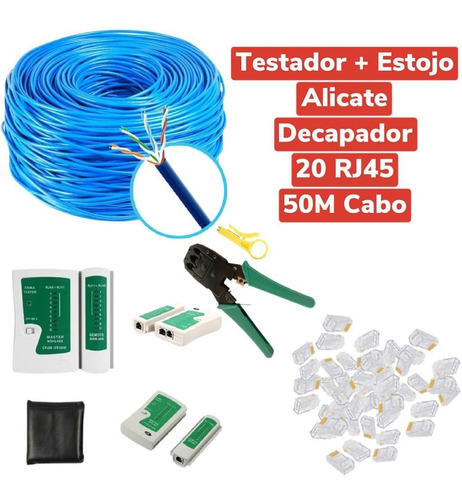 Kit 50 Metros Cabo Rede +20 Rj45 + Alicate + Testador Cabo