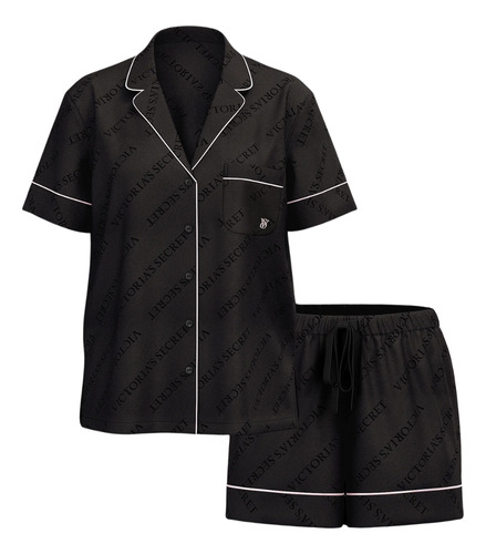 Pijama Victoria's Secret Cetim Preto Short + Camisa Curta
