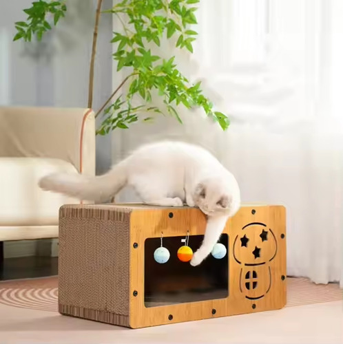 Casa Pet Arranhador Retangular Dois Níveis Com Bolinhas.