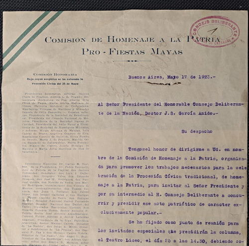 Carta Fiestas Mayas Año 1923 Al H. Consejo Deliberante 