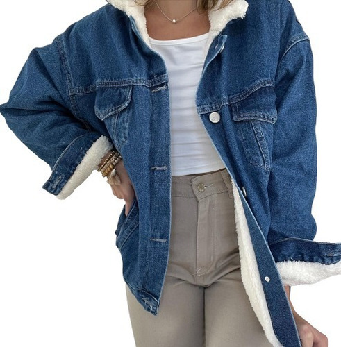 Campera De Jeans Oversize Con Corderito De Mujer