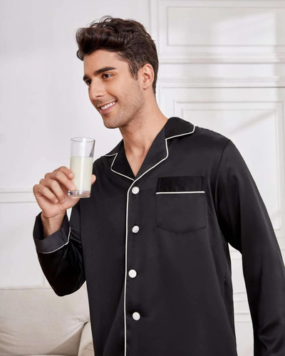 Pijama Masculino Americano Cetim De Seda Com Calça Preto