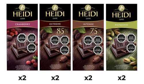 Pack 8 Tabletas Chocolate Heidi Dark Surtidas 80g