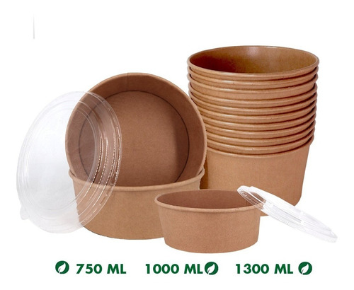 Envase Bowl Polipapel Kraft 1000cc C/tapa 50 Unidades