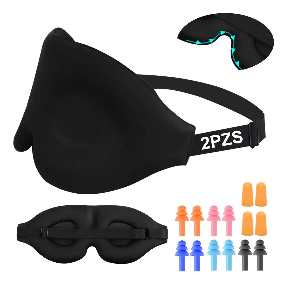 Wiknices antifaces Antifaz para dormir 3D 2Pzs negro Ajustables Con 7 Pares De Tapones Para Los Oídos Adecuados Para La Pausa Del Almuerzo Viajes En El Coche En El Avión Camping