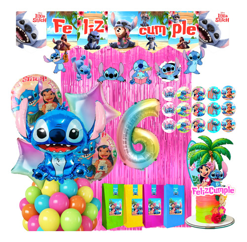 Combo Globos Lilo Y Stitch Hawái Bolsitax15 Banderin Sticker Multicolor Número 6