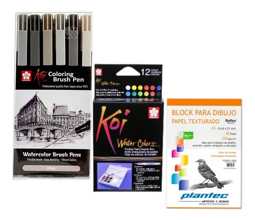 Kit 12 Acuarelas Koi Sakura Marcadores Grises Block Plantec