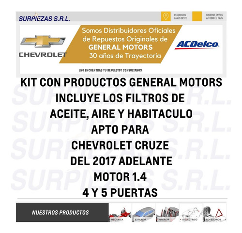 Kit Filtros Chevrolet Cruze 1.4 Turbo