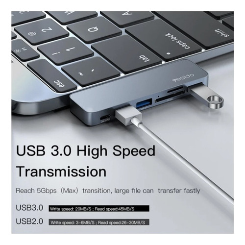 Adaptador Hub Yesido Hb10 6 En 1 Tf Sd Usb Doble Tipo C Gris