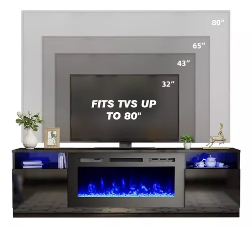 Mueble TV, Televisión, Negro, Chimenea eléctrica LED