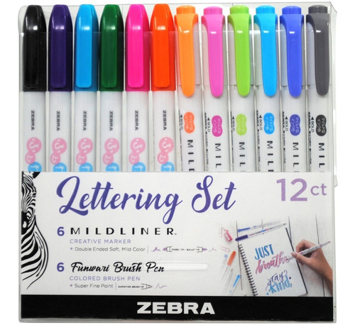 Lettering Set 12 Zebra 6 Resaltador Mildliner 6 Bolígrafo