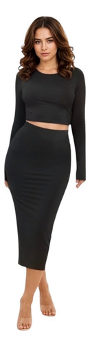 Conjunto Crop Top Manga Larga Y Falda Midi Ajustada Mujer