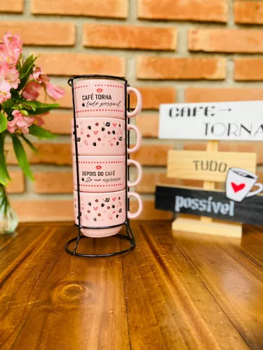 Jogo De Xícaras Café Chá Rosa Com Suporte Kit 4 Canecas Kit