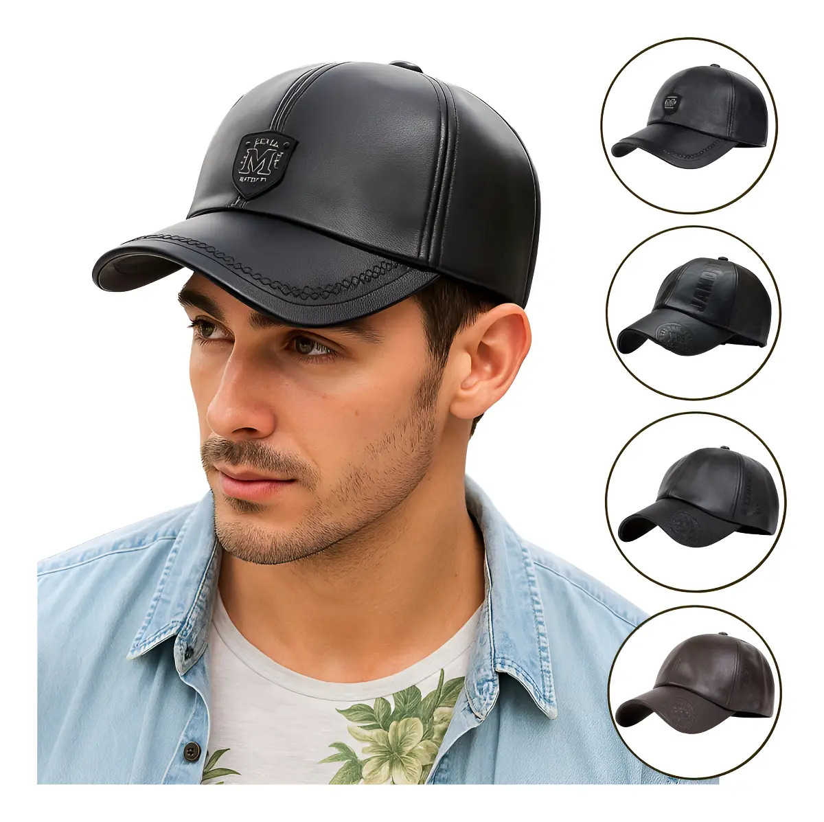 Boné Aba Curva Masculino de Couro PU Premium, Cor Preta