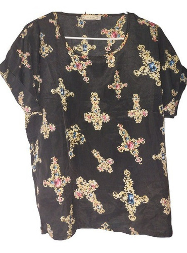 Remera Top Blusa Mujer Chiffon Negro Seda L Estamp.cruz Imp.