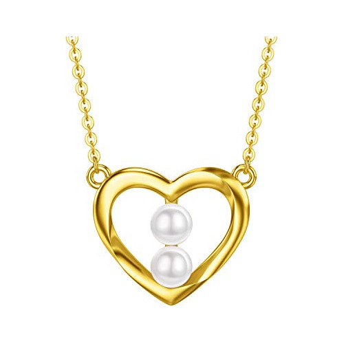 Collar Corazón De Oro 14k Con Perla, 16''-18