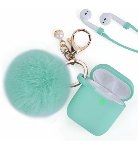 Funda De Silicona Para AirPods 1 / 2 Con Pompom Mint Green