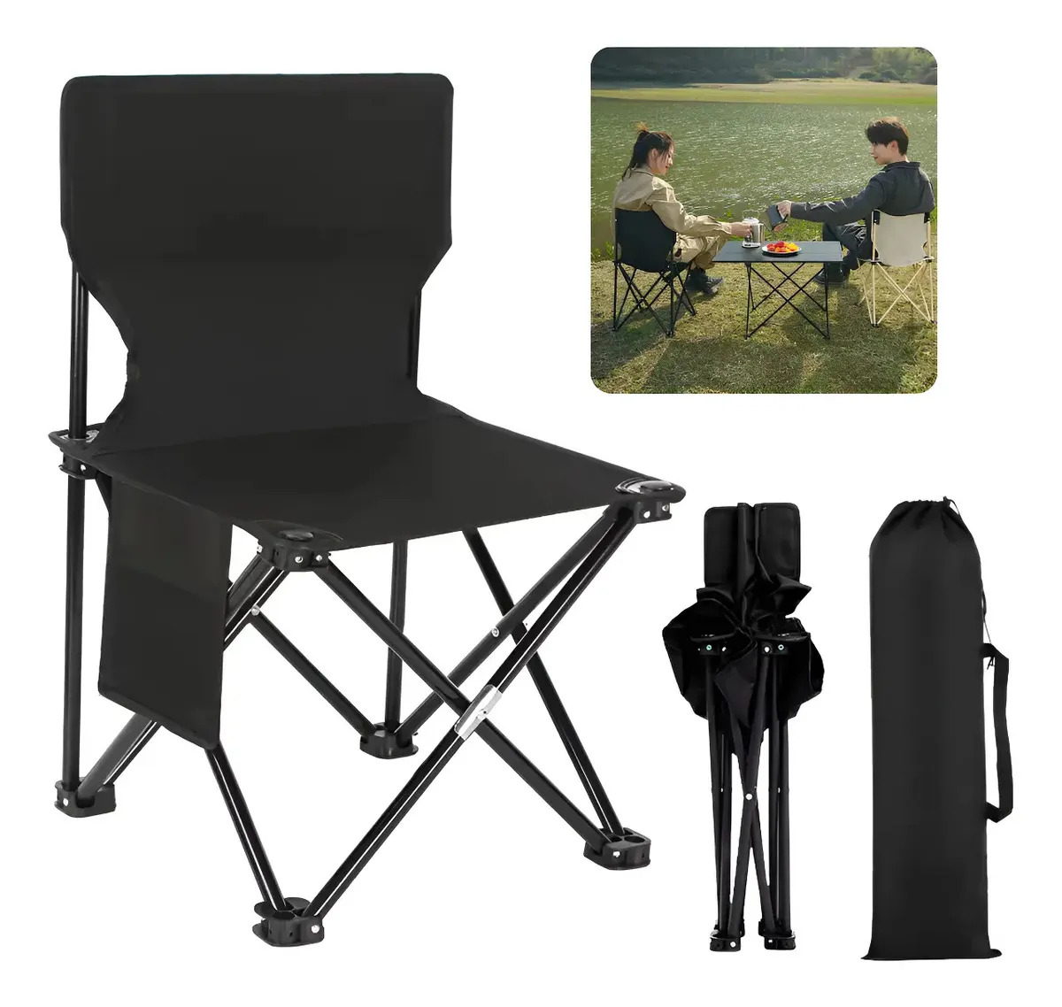 Cadeira Camping Praia Pesca Dobrável Portátil Com Bolsa Cor Preto