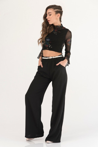 Pantalon Palazzo Negro Tiro Alto Elastico Cintura Bolsillos