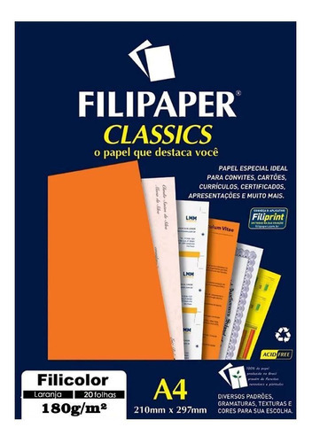 Papel Laranja Filicolor Lumi A4 180g/m² Filipaper 20fls