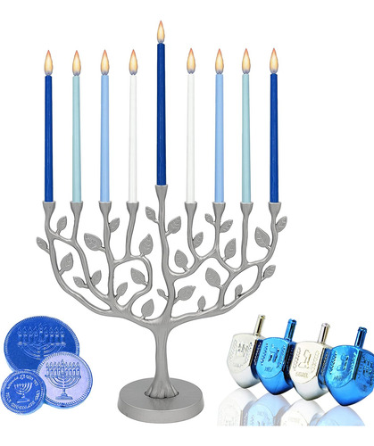 Menorah Tree Of Life Con Acabado Plateado Y Dorado Envejecid