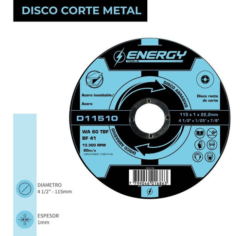 Disco Abrasivo Corte Inox 4-1/2 X 7/8 De 10 Pz Energy D11510 Color Azul