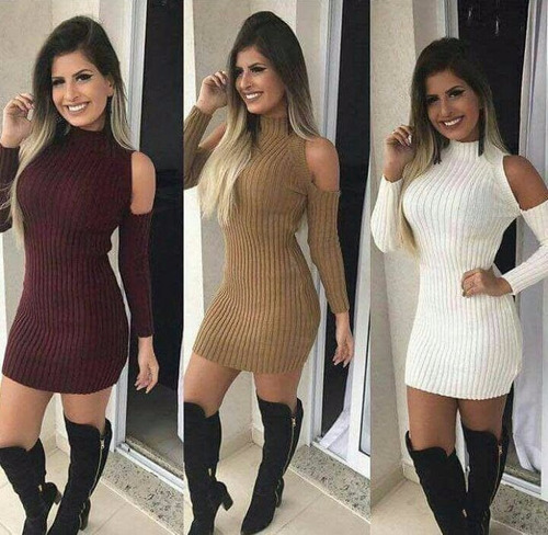 Vestido Tricot C/ Decote No Ombro Coleção Inverno 2017