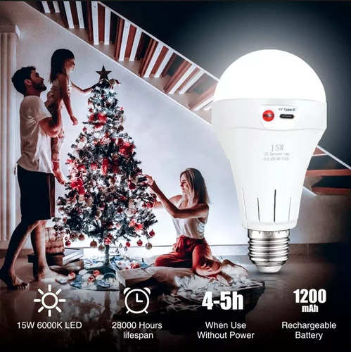 2 Focos Led 15w Recargable Con Cable Usb Para Emergencia E27