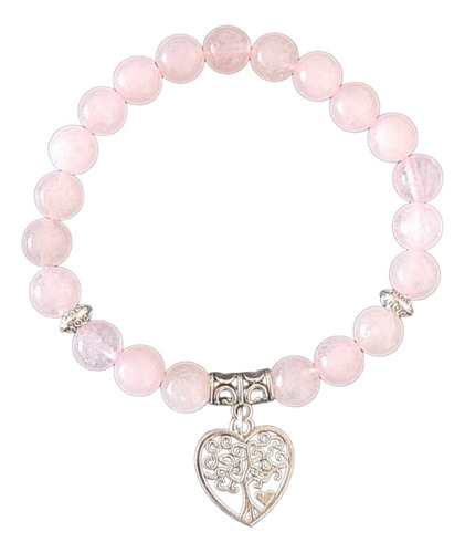 Pulsera Cuarzo Rosa 8mm Árbol De La Vida Corazón Mujer