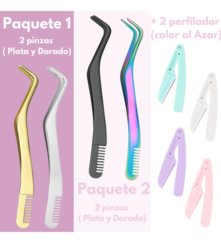 4 Pinzas Para Extensión De Pestañas + 2 Perfilador Plegable Color Paquete 2