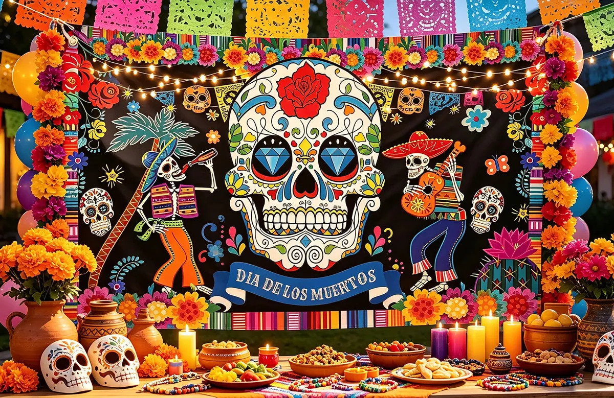 180x110cm Pancartas de fondo del Día De Los Muertos, decoración del día de los muertos, fiesta de la pancarta de fondo de flores de esqueletos de azúcar del carnaval mexicano dia d