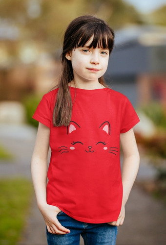 Polera Niña Gatito Lindo Kawai Cute Cat Estampada Algodon