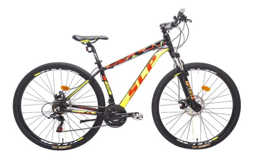 Mountain bike SLP 50 pro R29 18" 21v frenos de disco mecánico cambios Shimano Tourney TZ y Shimano Tourney TZ500 color negro/amarillo con pie de apoyo  