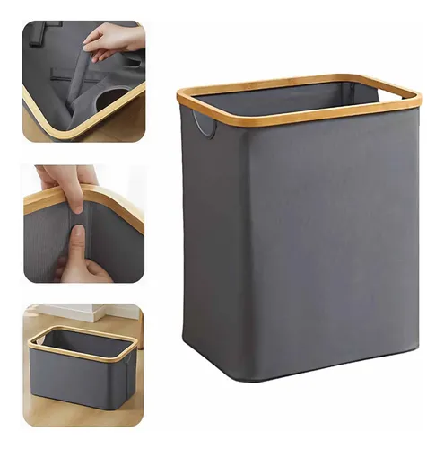 Cesta Ropa Sucia Canasto Plegable Gris Borde Bambu Cuadrado