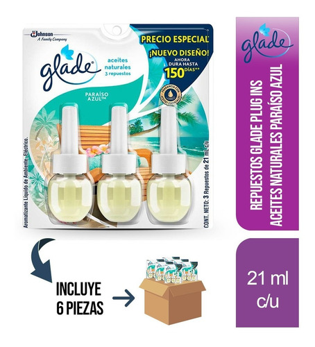 6 Pz - Glade Plug Ins Aceites Natural 3pk 21ml Paraiso Azul