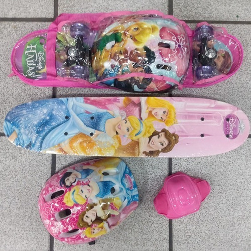 Kit Skate Infantil + Kit Proteção + Bolsa Princesas Disney