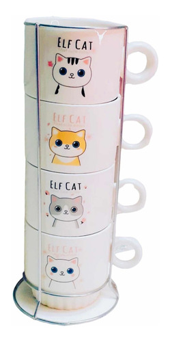 Juego Set 4 Tazas Café Cerámica Con Base Metal Gatitos