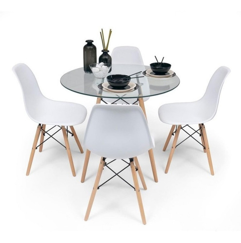 Comedor Redondo De Vidrio 80cm + 4 Sillas Eames Blanco