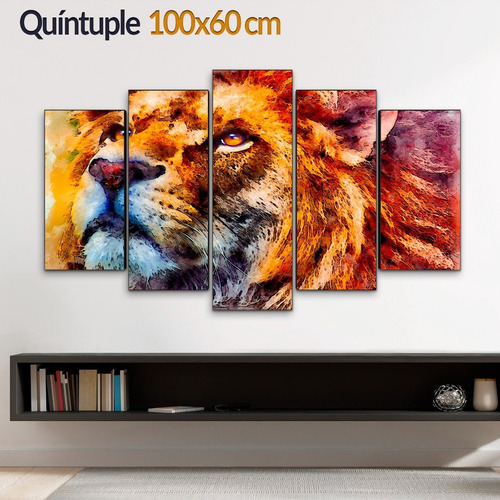 Cuadro Decorativo Moderno León Pintura Jd-0683 G Quíntuple 100x60 Cm Sin Marco