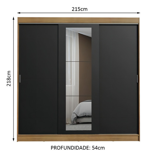 Guarda-roupa Casal Madesa Kansas Correr Com Espelho Rp Cor Rustic/Preto