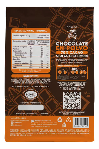 Abkkao Chocolate En Polvo 70% Cacao Semiamargo Sin Azúcar1kg
