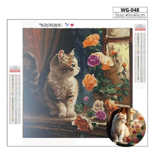T Kit De Pintura De Diamante Diy 5d 40x40 Gato Flores