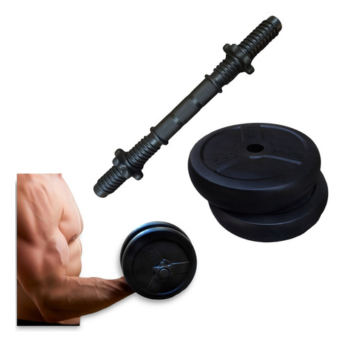 Kit Mancuerna Rosca + 10 Kg En Discos Pvc (2 Discos X 5kg) Color Negro