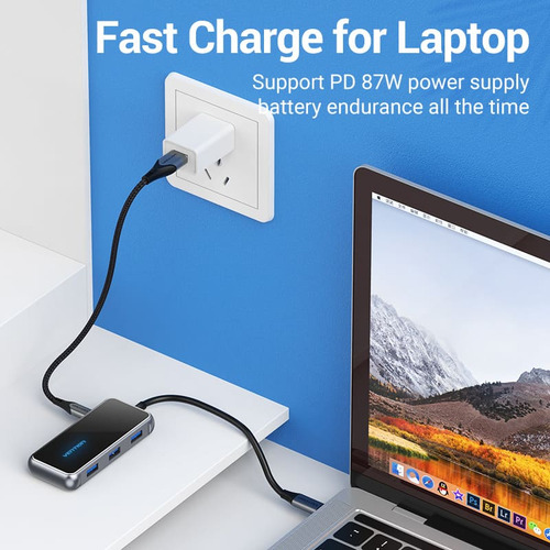 Hub Usb Multipuerto Vention - 5 En 1 - Usb C A Hdmi + 3 Puertos Usb 3.0 + Power Delivery Usb C 87w - 4k 60hz - Carcasa Aluminio - 15 Cm - Premium Para Teclado / Disco Rigido / Mac / Laptop - Tfbhb