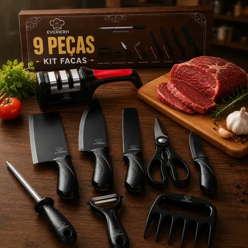 Jogo De Facas  Inox 9 Peças Kit Cozinha Churrasco Com Afiador Preto