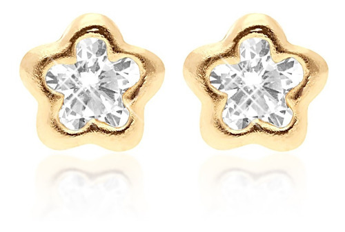 Aretes Broquel Oro 14k Flor Zirconia Blanca Stellina Med