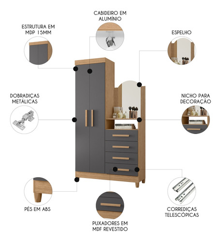 Guarda Roupa Cômoda Com Espelho 103cm Maite A02 Freijó/titan