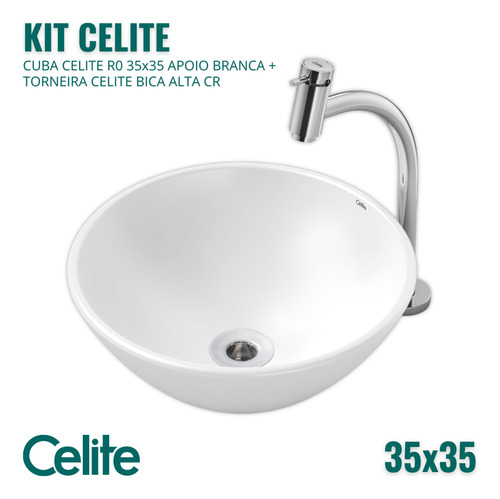 Kit Cuba Celite Redonda Apoio R-1 35cm Br + Torneira Celite