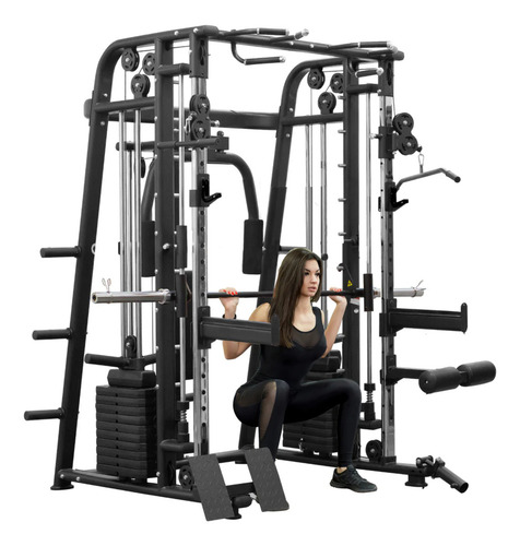 Jaula Smith Gym Altera Lobo Multifuncional Maquina Para Piernas Pecho Brazos Con Aditamentos Y Peso Integrado Color Negro