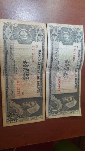 2 Billetes Bolivia;(un Peso Boliviano Año 1962), Buen Estado